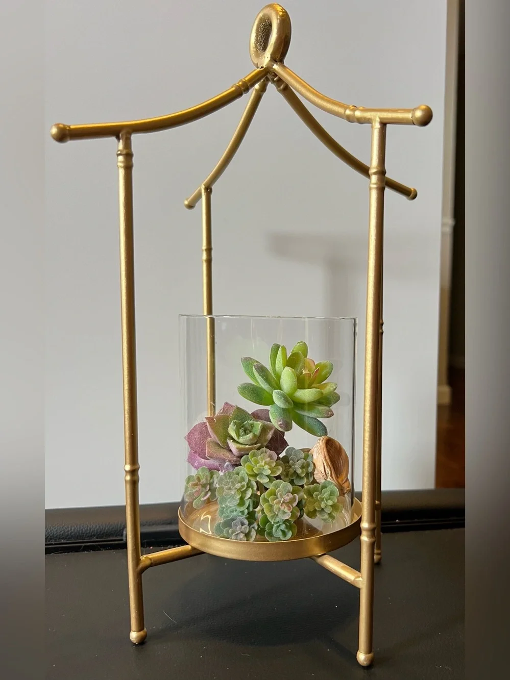 Set of 2 Gold Faux Bamboo Hurricane Candle Holders Pagoda Lanterns